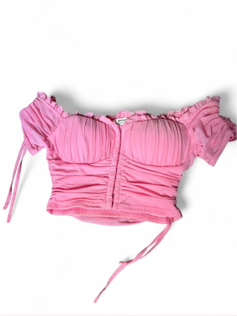 privy Pink Off-Shoulder Ruched Crop Top